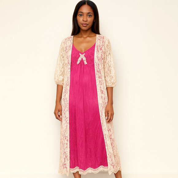 Jenelle of California Vintage Lace Overlay Nightgown & Robe Set – Hot Pink - Picture 1 of 14